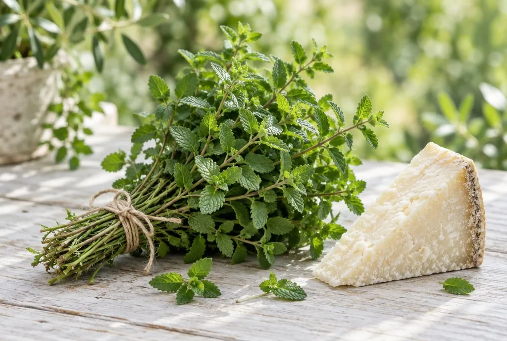 Un mazzetto di mentuccia romana e un pezzo di pecorino