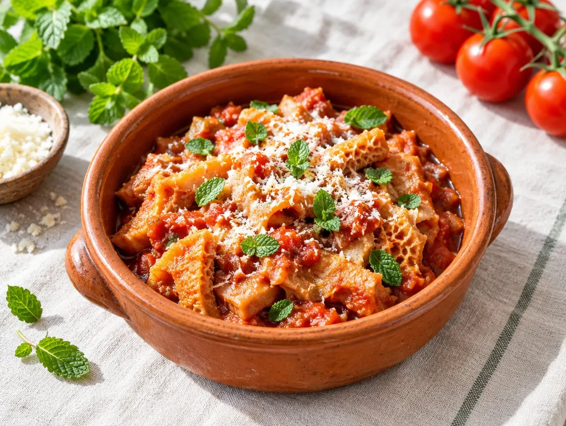 Trippa alla romana con sugo di pomodoro, mentuccia e pecorino